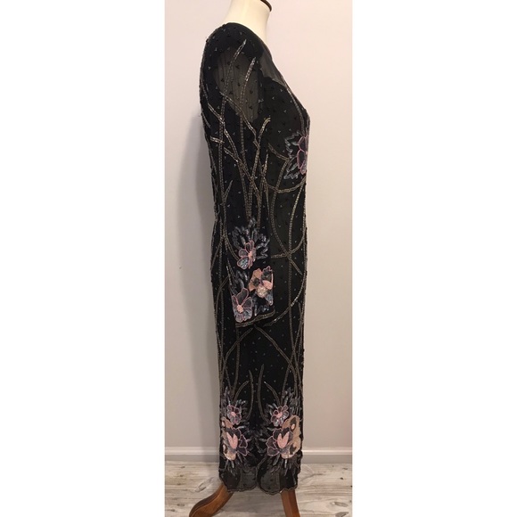 Vintage Black Silk Beaded Sequin Flower Dress S - Picture 5 of 6